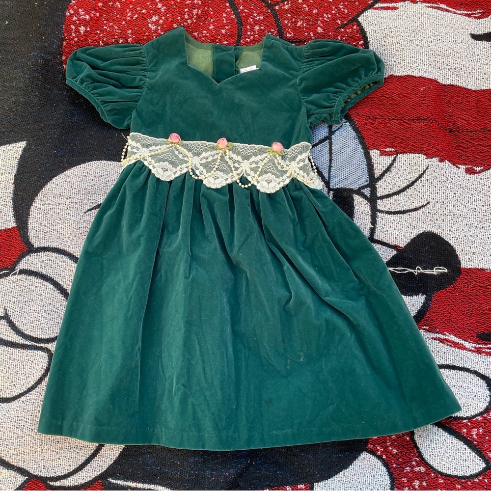 ROSE COTTAGE GREEN VELVET ROSE LACE PEARL HOLIDAY CHRISTMAS DRESS SIZE 6 GIRLS